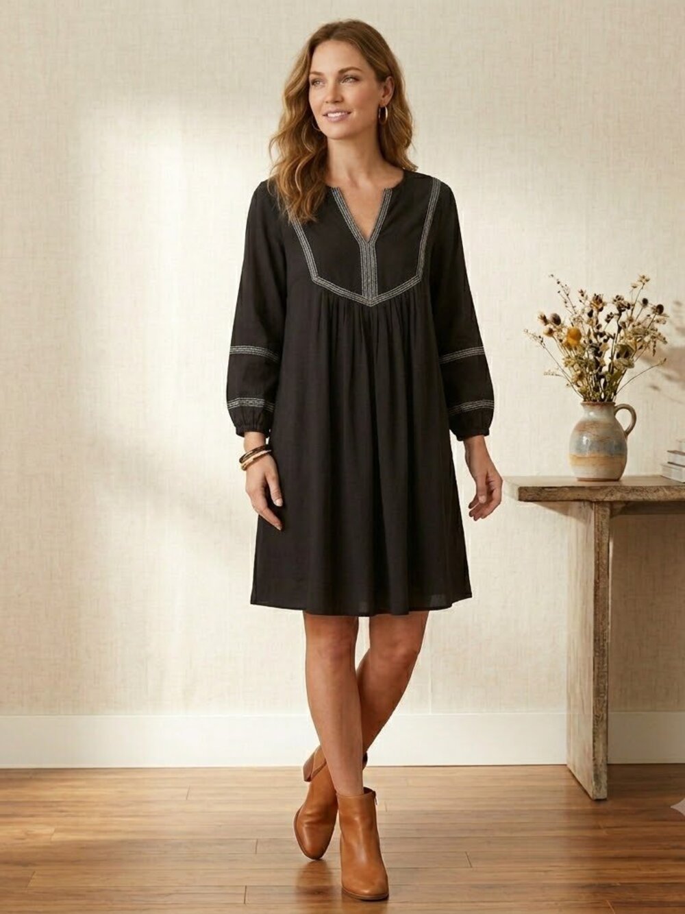 Boho Black Dress Lightweight V Neck With Ribbon Trim Size M